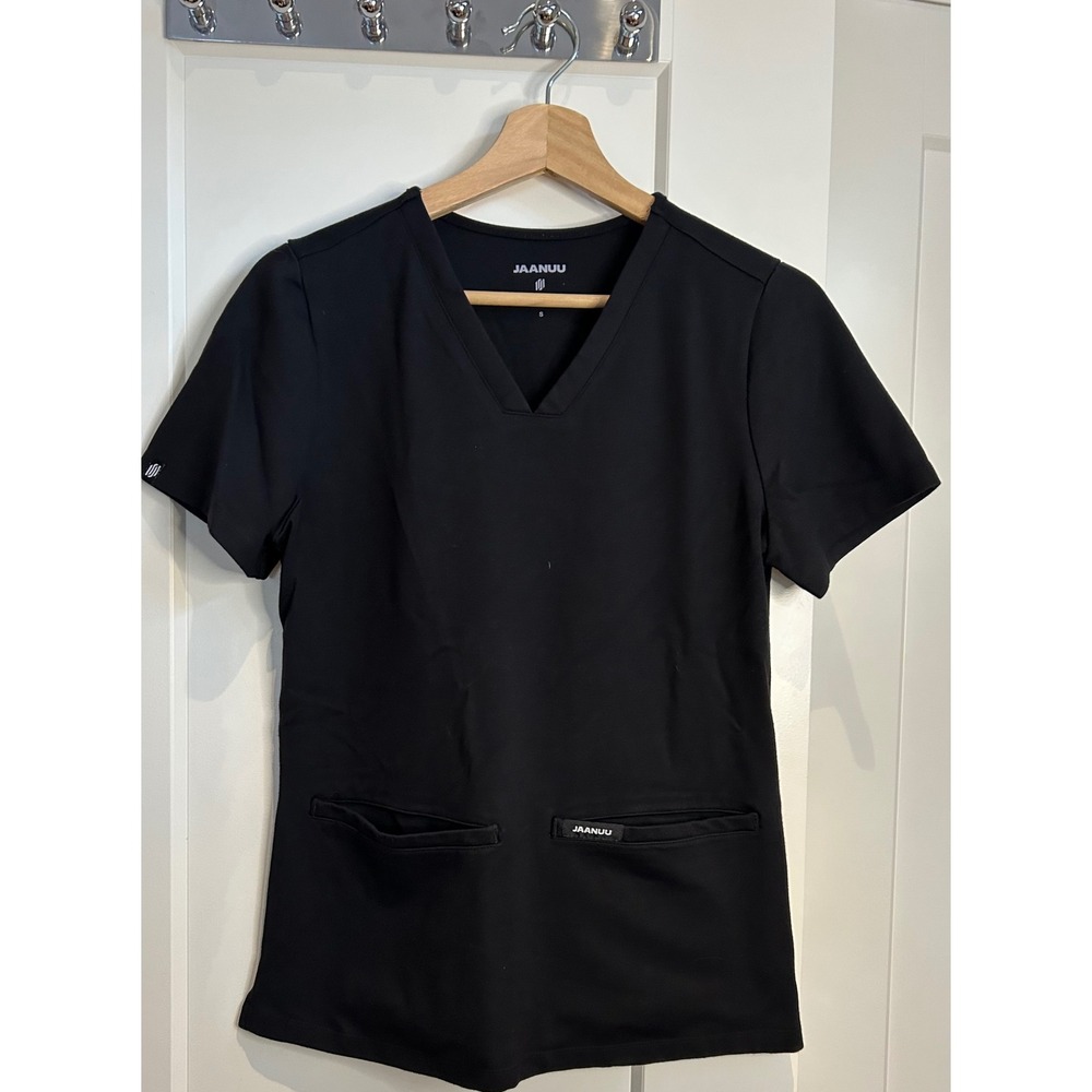 Jaanuu‎ Womens Black V-Neck Scrub Top Short Sleeve 2-Pocket Performance Size S